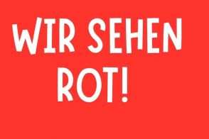 Ein roter Hintergrund mit dem Text: Wir sehen rot! Die KiTas aus dem Stadtgebiet Salzkotten